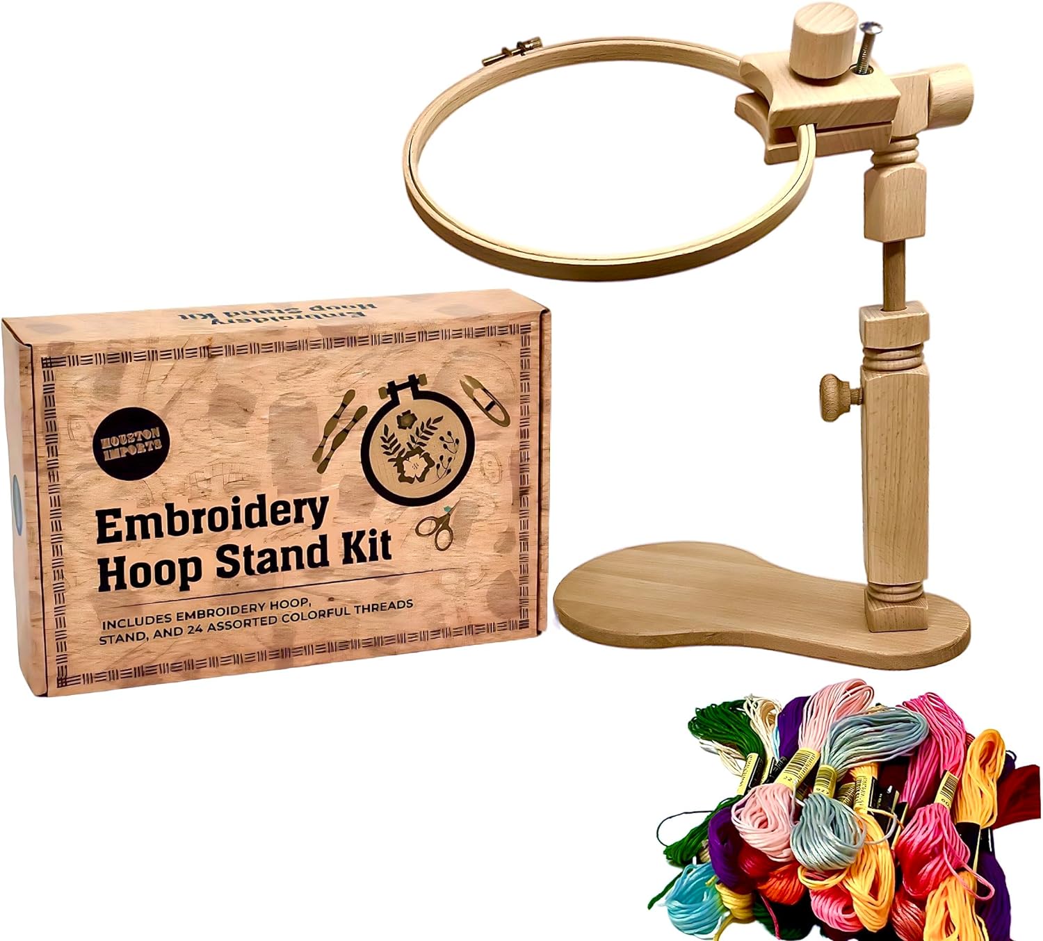 Hand Embroidery Kit with 8” Hoop, Stand, and 24 Assorted Color Threads 